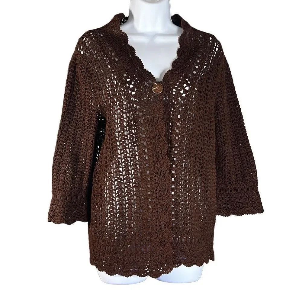 Jones New York Signature Women's Cardigan Sweater Knitted Cover Up Brown Medium